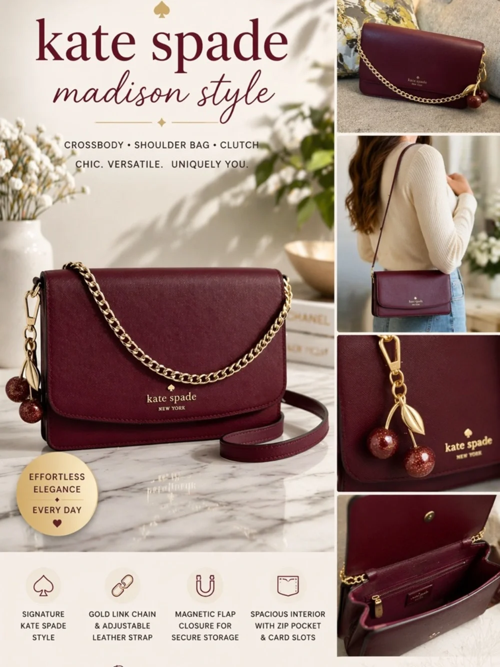 Kate Spade‎  Black Cherry  Leather  Crossbody $349 MSRP Madison Collection NWT